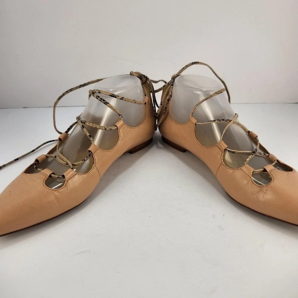Coach Women's 8.5B Tan Leather Pointed Toe Lace-Up Ballet Flats Ankle Wrap